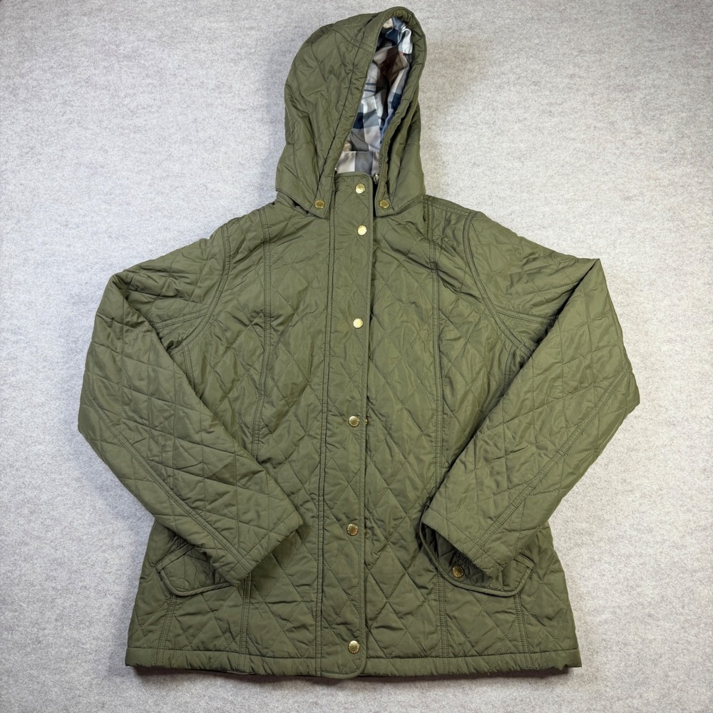 Barbour Quilted Jacket Olive Green Hooded Plaid Lined Womens Size 12 US